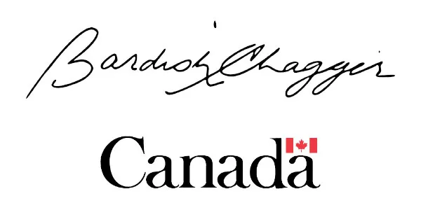 Signature of the Honourable Bardish Chagger, Minister of Diversity and Inclusion and Youth over the official symbol of the Government of Canada.